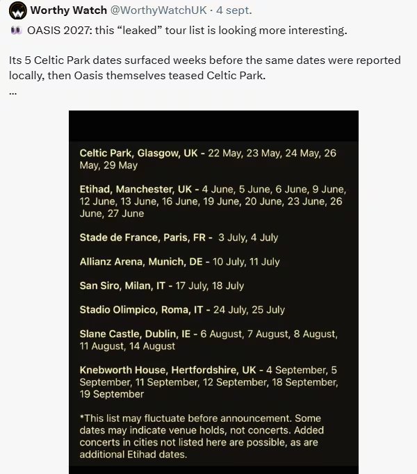 El calendario filtrado suma paradas en París, Múnich y Roma, además de las fechas británicas e irlandesas. (Captura/X)