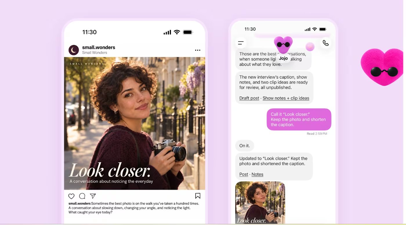 La demostración de dots muestra cómo un agente puede revisar una entrevista, proponer un texto para redes sociales y aplicar cambios tras la aprobación del usuario. (Foto: OpenAI)