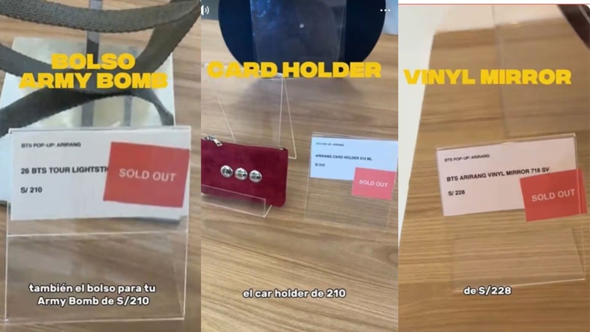 Carteles con la etiqueta de agotado exhiben los precios de varios artículos oficiales en la tienda temporal de la banda BTS en Lima.
