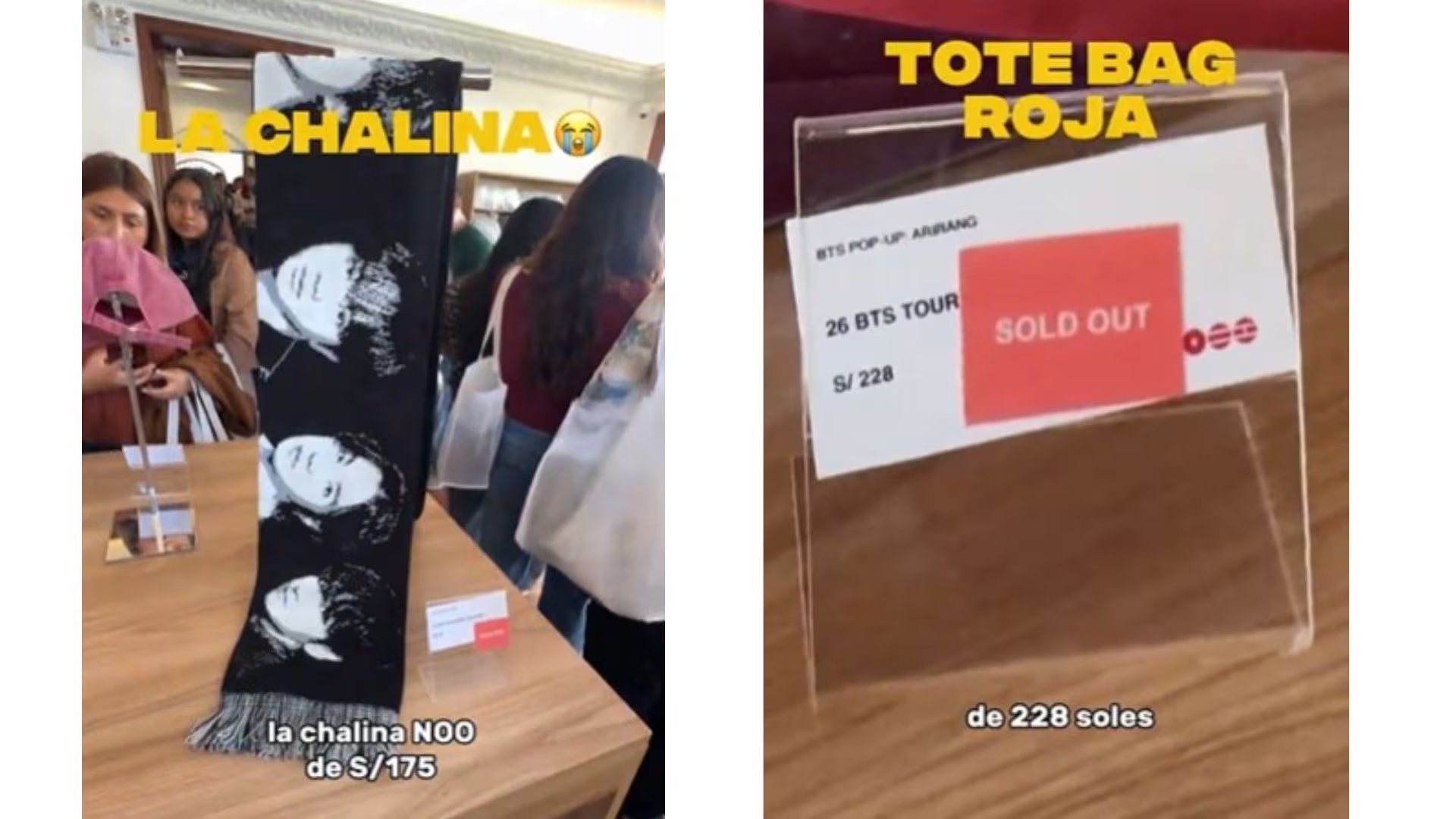 Varios artículos de la tienda temporal de BTS en Lima exhiben carteles de agotado a pocos días de su apertura.