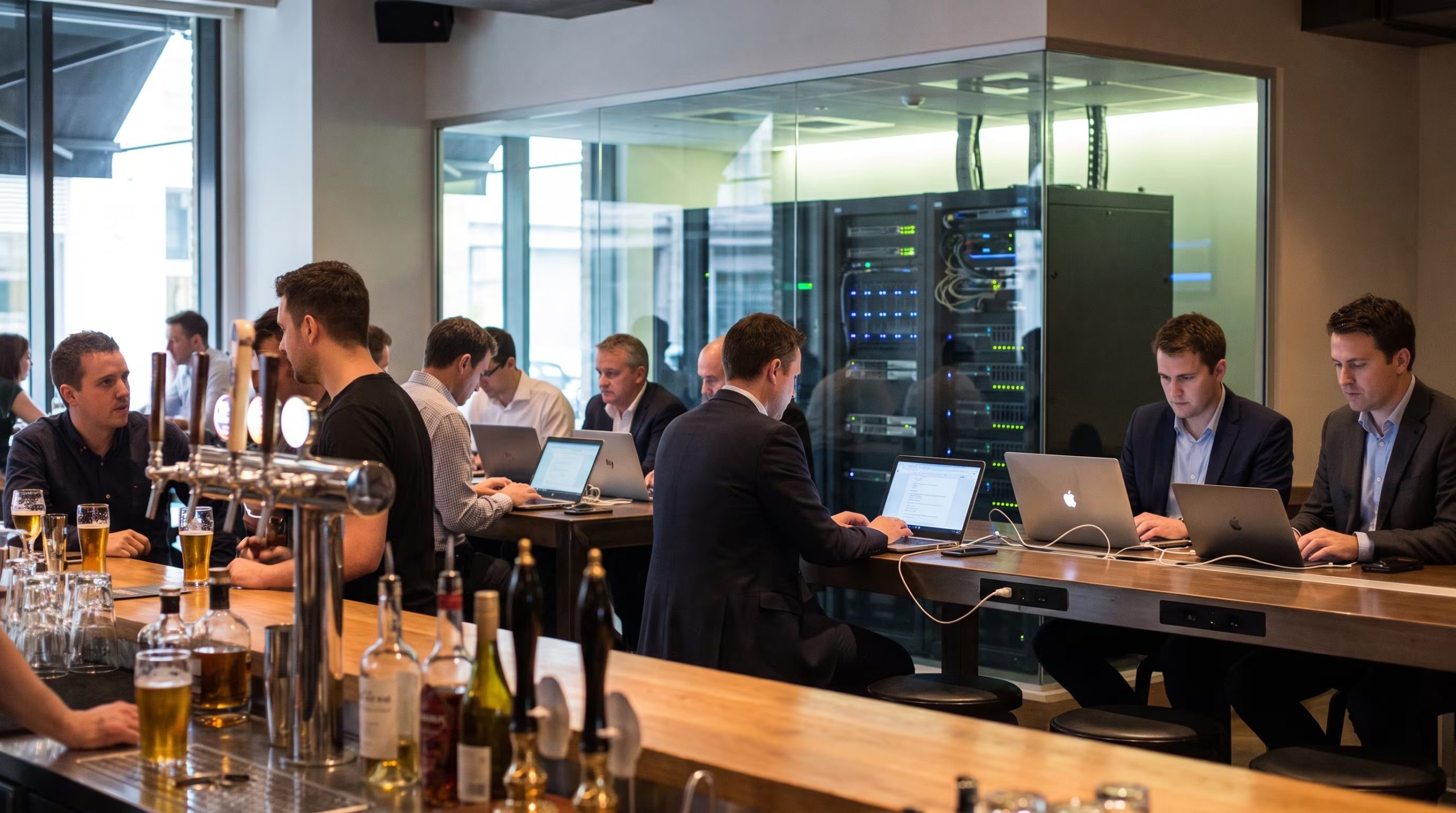 Varias personas trabajan con computadoras portátiles en un bar que alberga una sala acristalada con servidores informáticos. (Imagen Ilustrativa Infobae)