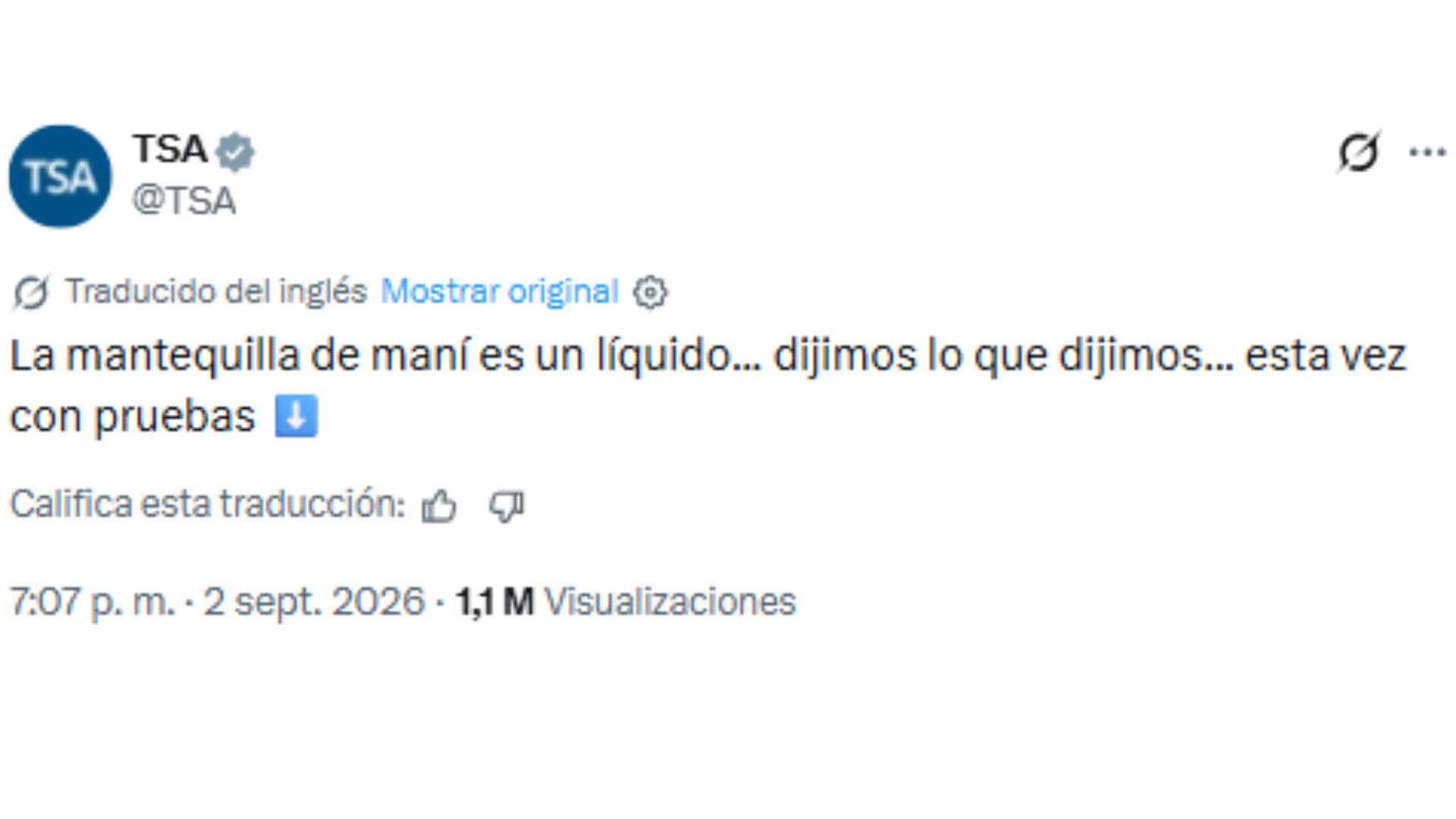 Una publicación de la cuenta oficial de la TSA en redes sociales sostiene que la mantequilla de maní equivale a un líquido. (TSA)