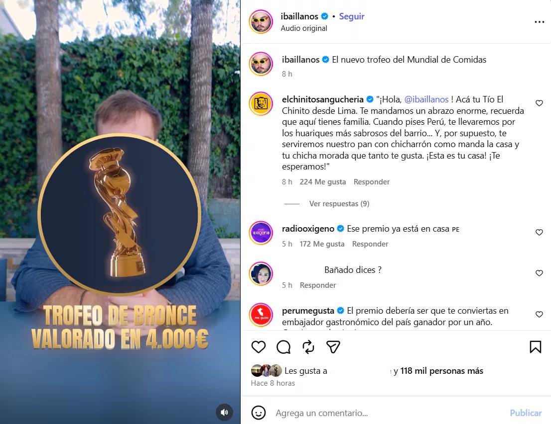 El creador de contenido Ibai Llanos presenta el nuevo trofeo de bronce del Mundial de Comidas, valorado en cuatro mil euros, a través de una publicación en redes sociales.