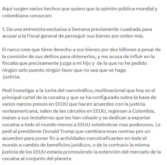 El exjefe de Estado cuestionó la versión sobre una presión para impedir una declaración en Estados Unidos
- crédito @petrogustavo/X