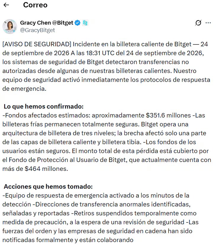 La plataforma Bitget suspendió los retiros de activos digitales para investigar el incidente junto a las firmas especializadas Mandiant y SlowMist. (X: GracyBitget)