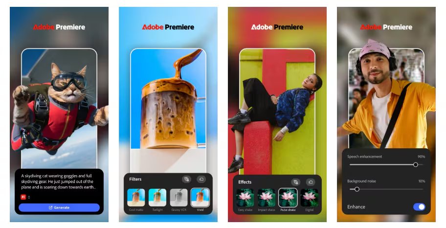 La app incorpora una línea de tiempo multipista que permite solapar pistas de video, música, efectos y locución en un mismo proyecto.

(Adobe Premiere)