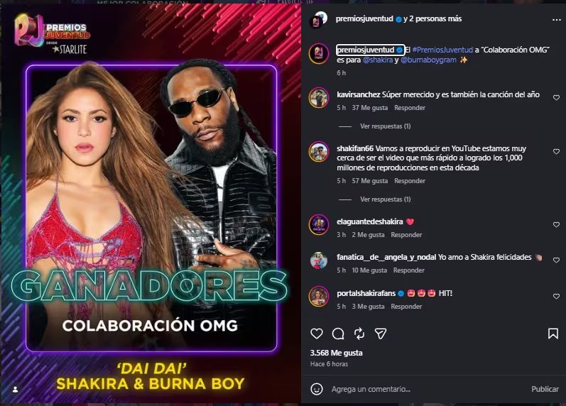 Shakira y Burna Boy ganaron un premio por su tema “Dai Dai”.