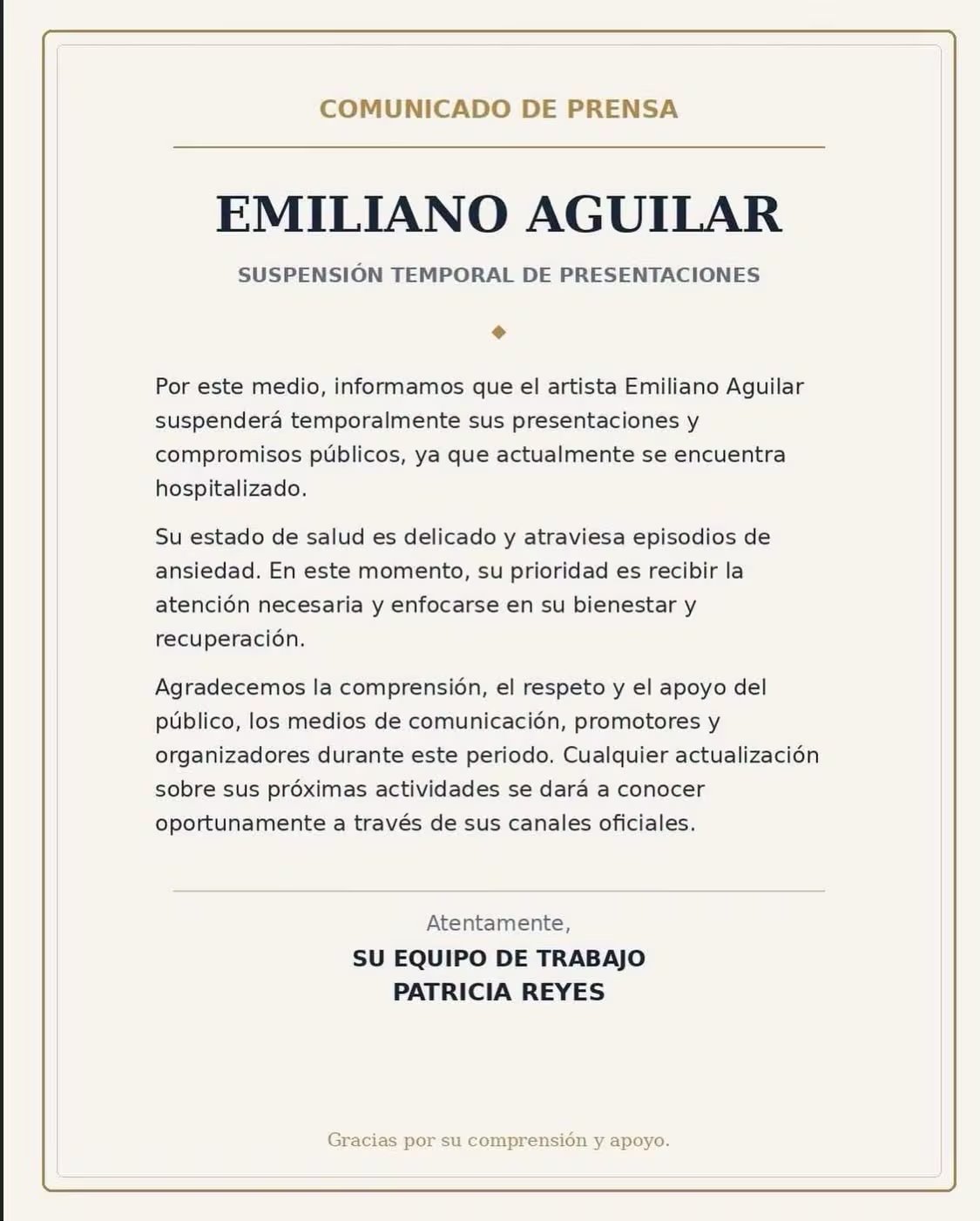 Su equipo representante confirmó la pausa temporal de la agenda artística del hijo mayor de Pepe Aguilar y descarta por ahora una fecha de regreso a los escenarios. (Captura de pantalla)