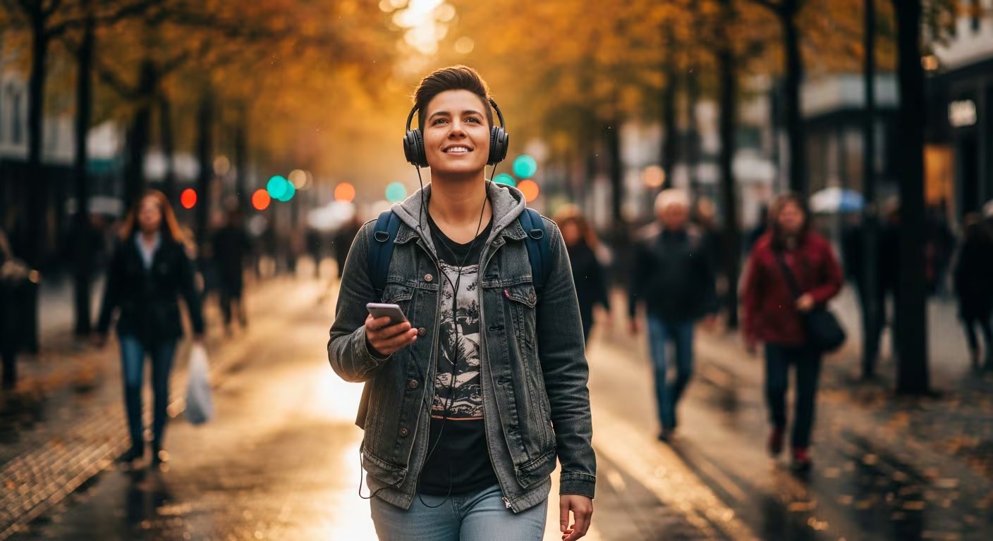Una persona joven sonríe mientras camina por una calle arbolada en otoño, escuchando música con audífonos con cable y sosteniendo un teléfono. (Imagen Ilustrativa Infobae)
