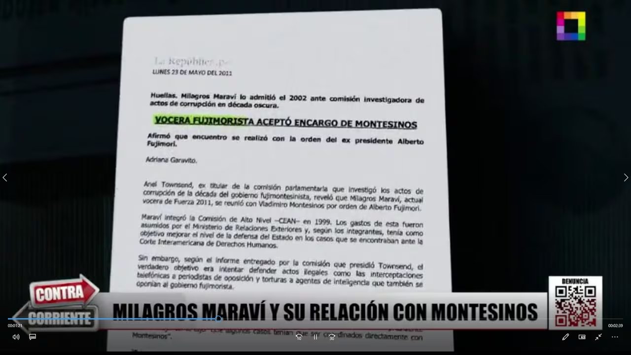 Un reporte del programa Contra Corriente expone una nota periodística de 2011 sobre las reuniones de Milagros Maraví con Vladimiro Montesinos.