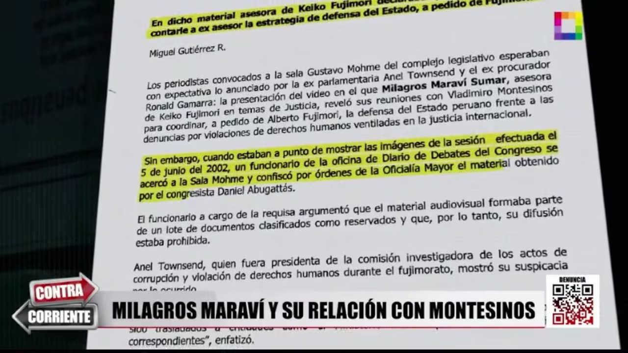 Un informe del programa Contra Corriente muestra un documento sobre la actuación pasada de Milagros Maraví Sumar durante el fujimorismo.