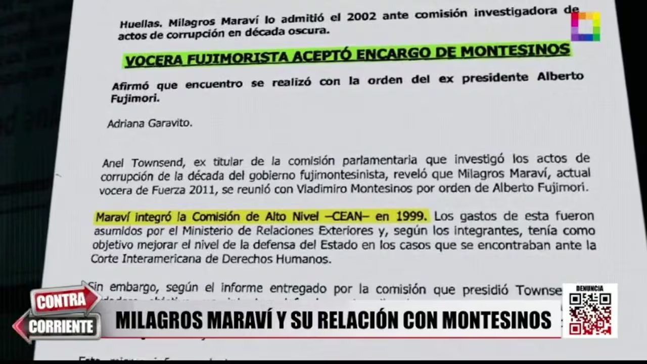 Un reporte del programa Contra Corriente expone un documento sobre las reuniones entre Milagros Maraví y Vladimiro Montesinos durante el fujimorismo.