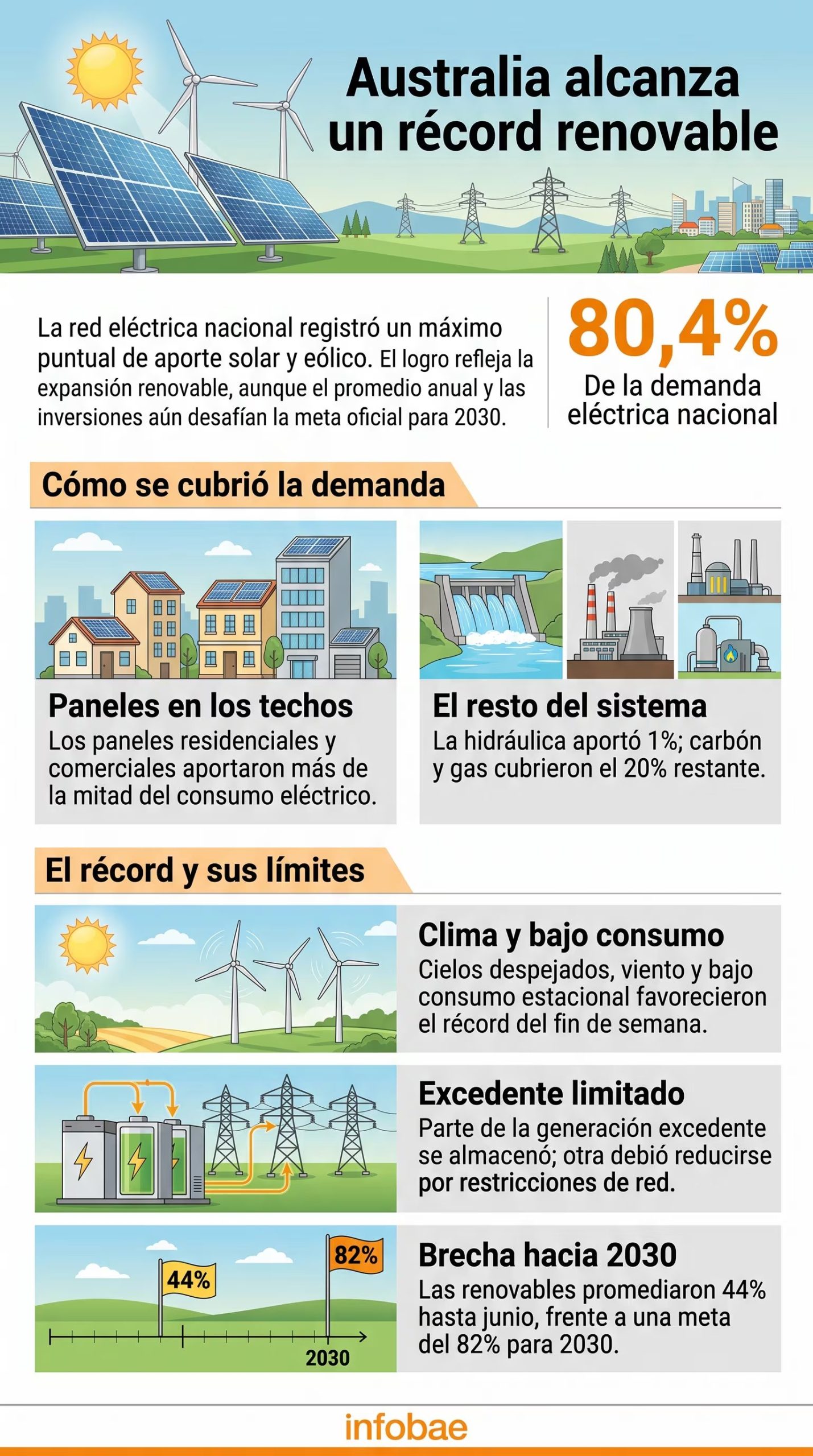 Una infografía explica la participación de las fuentes renovables en la red eléctrica de Australia (Imagen Ilustrativa Infobae)