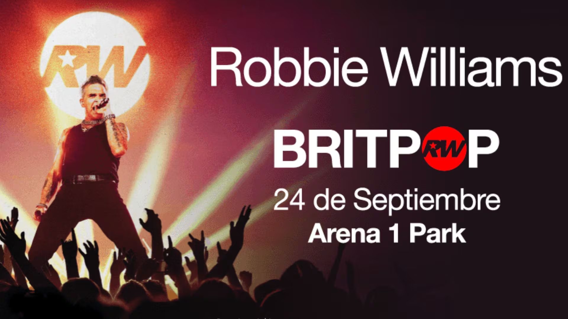 Robbie Williams, el ícono del pop británico, se presenta en el Arena 1 Park de Perú el 24 de septiembre para ofrecer su esperado concierto BRITPOP, prometiendo una noche inolvidable para sus fans. (Ticketmaster)