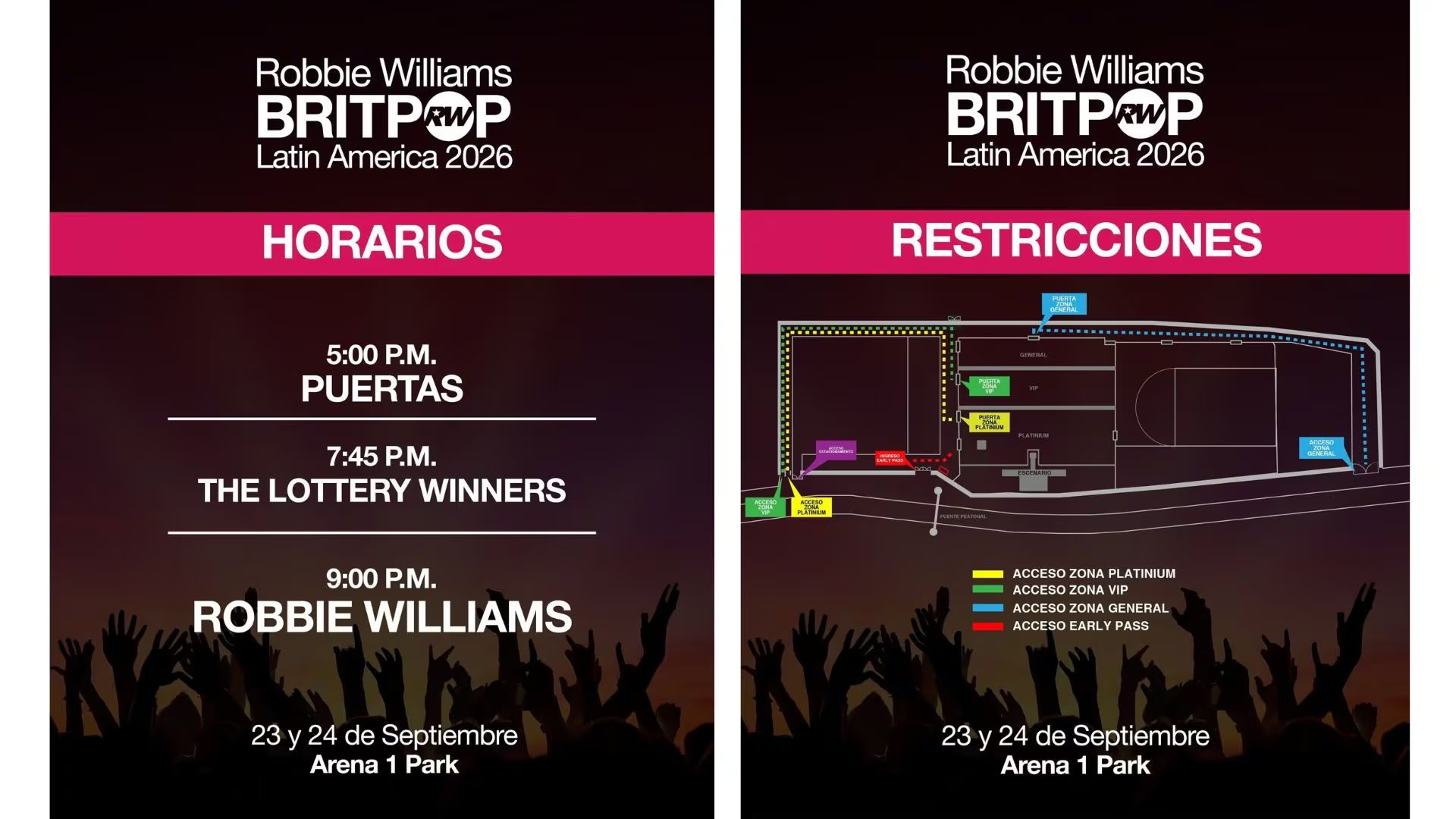 Dos afiches informativos detallan los horarios y la distribución de accesos para las presentaciones de Robbie Williams el 23 y 24 de septiembre en Arena 1 Park, Perú. (One Entertaiment)