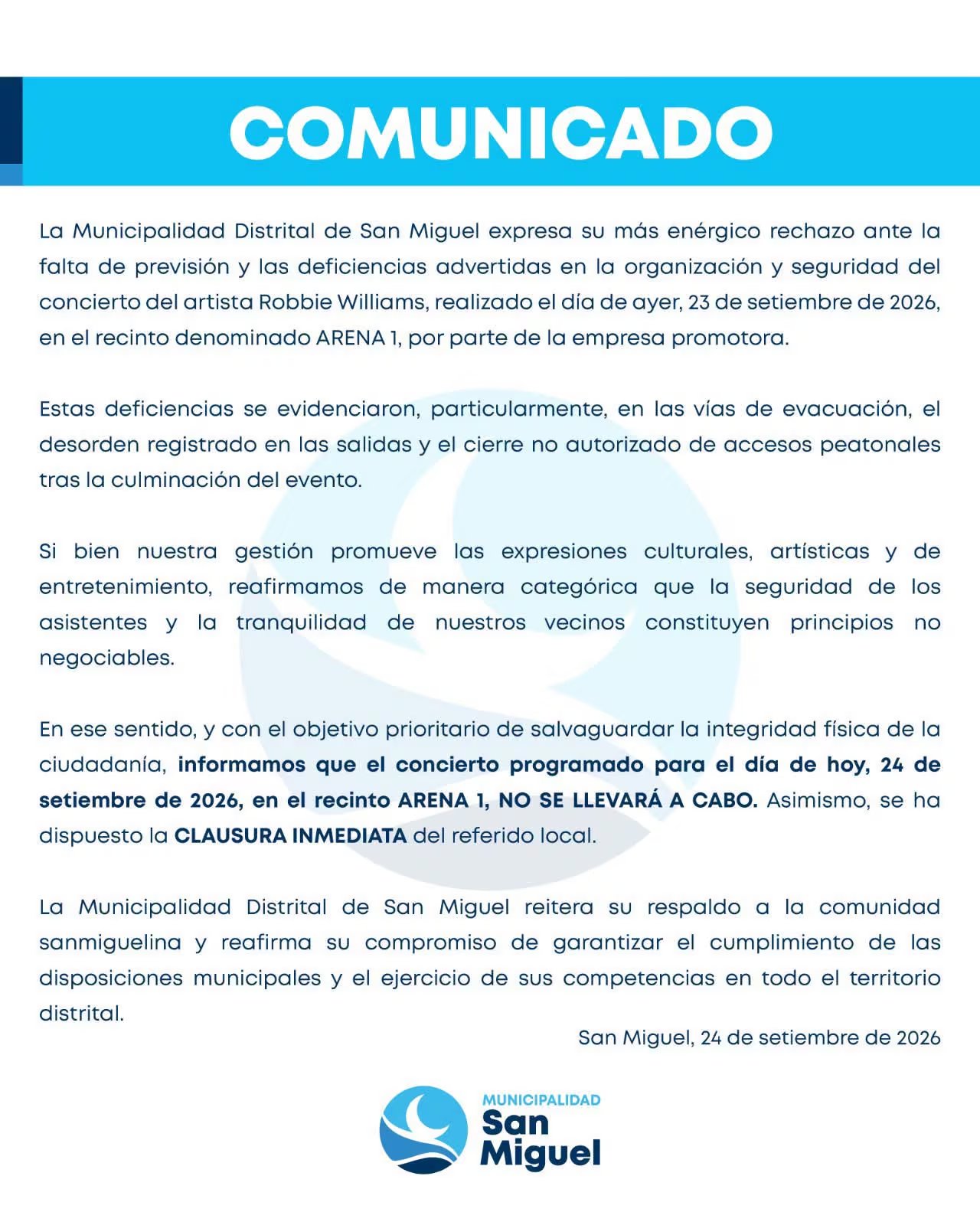 Municipalidad de San Miguel cancela concierto de Robbie Williams