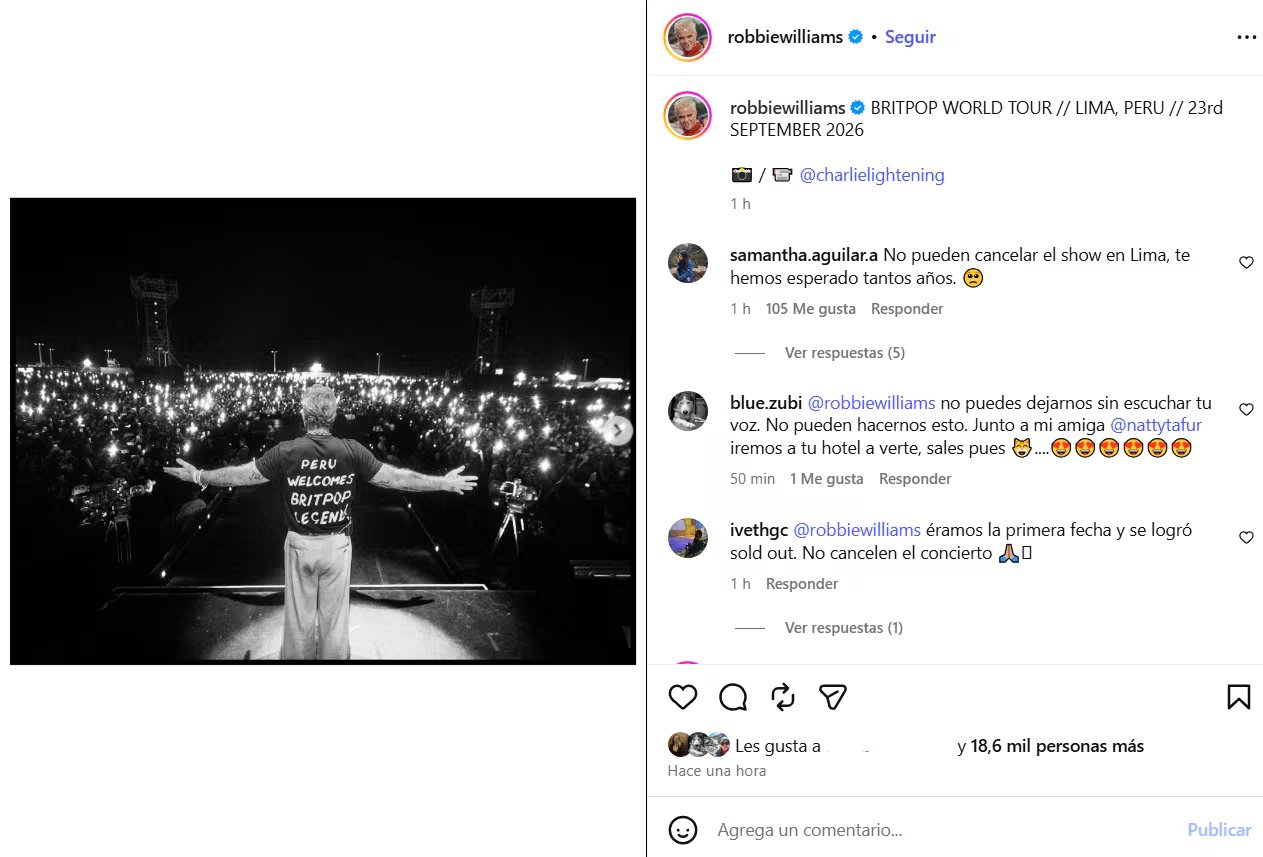 Robbie Williams evitó pronunciarse sobre la cancelación de su segundo concierto en Lima tras publicar una fotografía en sus redes sociales. (Instagram Robbie Williams)