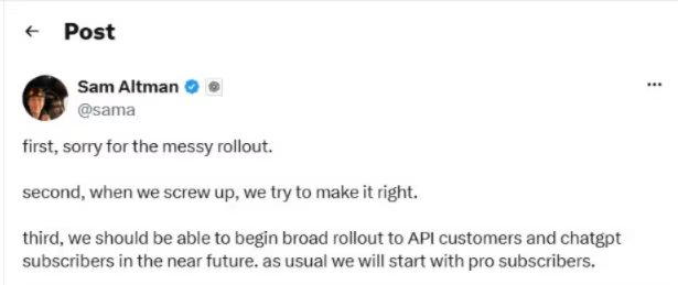La falta de un calendario claro de OpenAI para habilitar GPT-6 Astra a todos los planes aumentó la frustración entre los suscriptores de ChatGPT. (X: sama)
