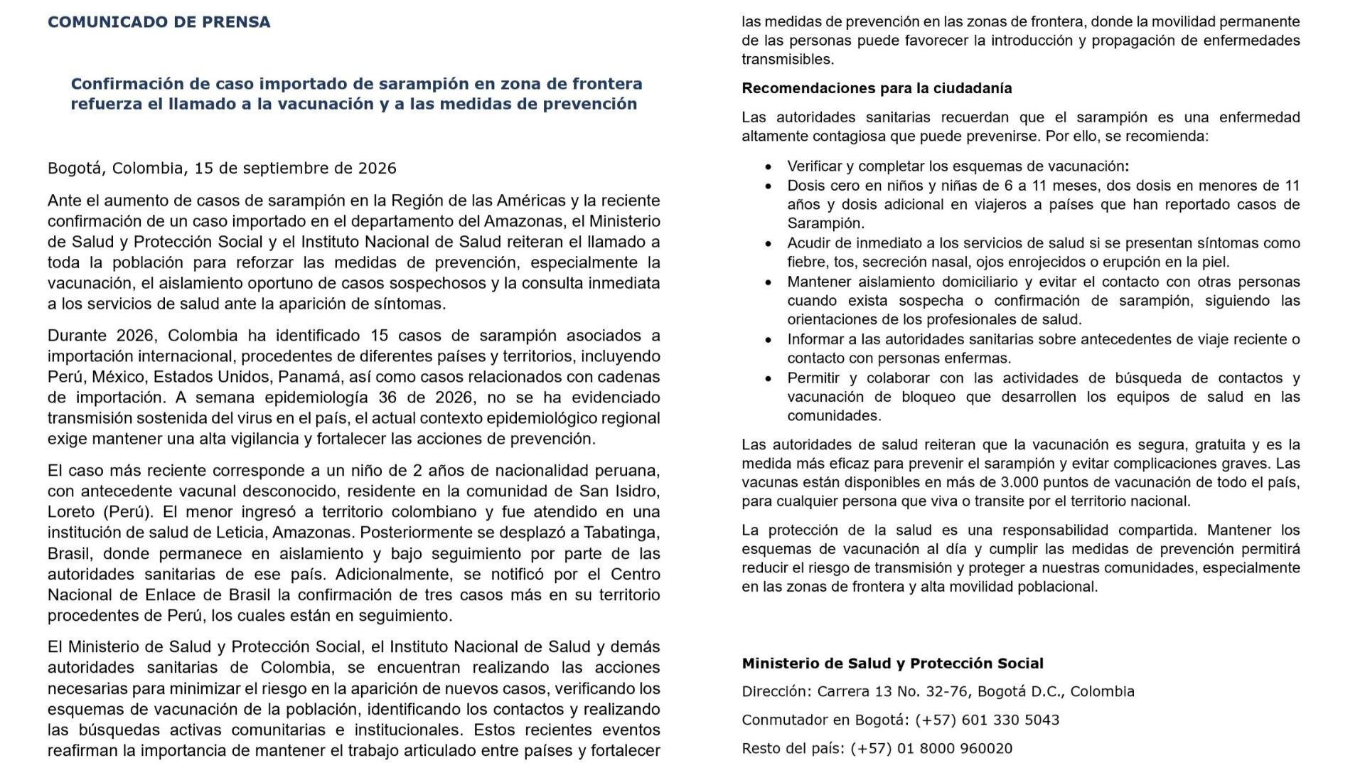 El Ministerio de Salud y el INS confirmaron un caso importado de sarampión en Amazonas y reiteraron el llamado a la vacunación. - crédito @MinSaludCol/X