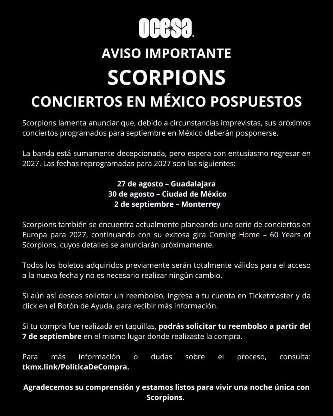 Comunicado de OCESA sobre la reprogramación de los conciertos de Scorpions en México
