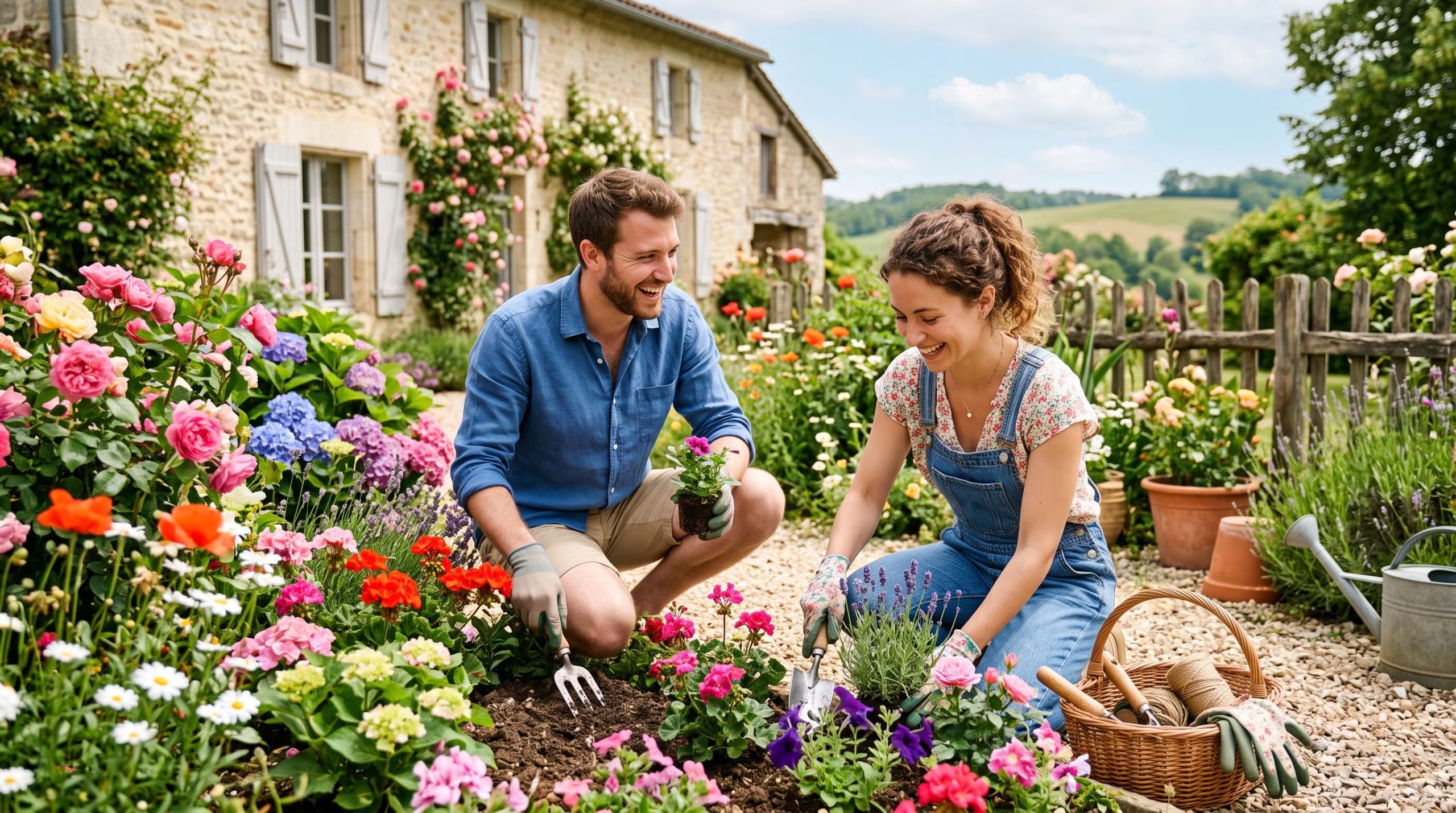 Una pareja joven trabaja en el jardín de una casa rural en el departamento de Lot-et-Garonne, Francia. (Imagen Ilustrativa Infobae)