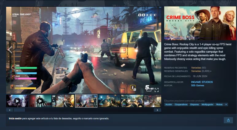 Crime Boss: Rockay City combina atracos, enfrentamientos y una campaña individual con elementos roguelite, además de misiones cooperativas para hasta cuatro personas. (Steam)
