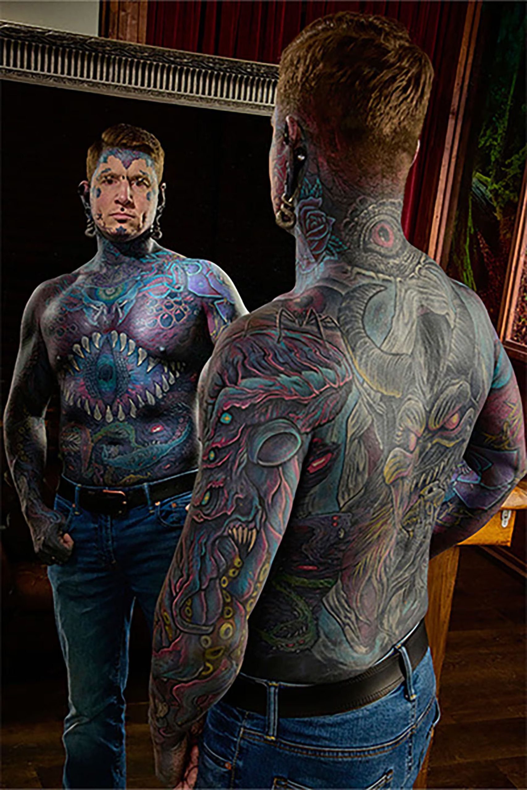 Guinness World Records distinguió el récord de Jeremy Schofield de la cobertura total del cuerpo y creó una categoría basada en las capas superpuestas de tinta (Créditos: Guinness World Records)