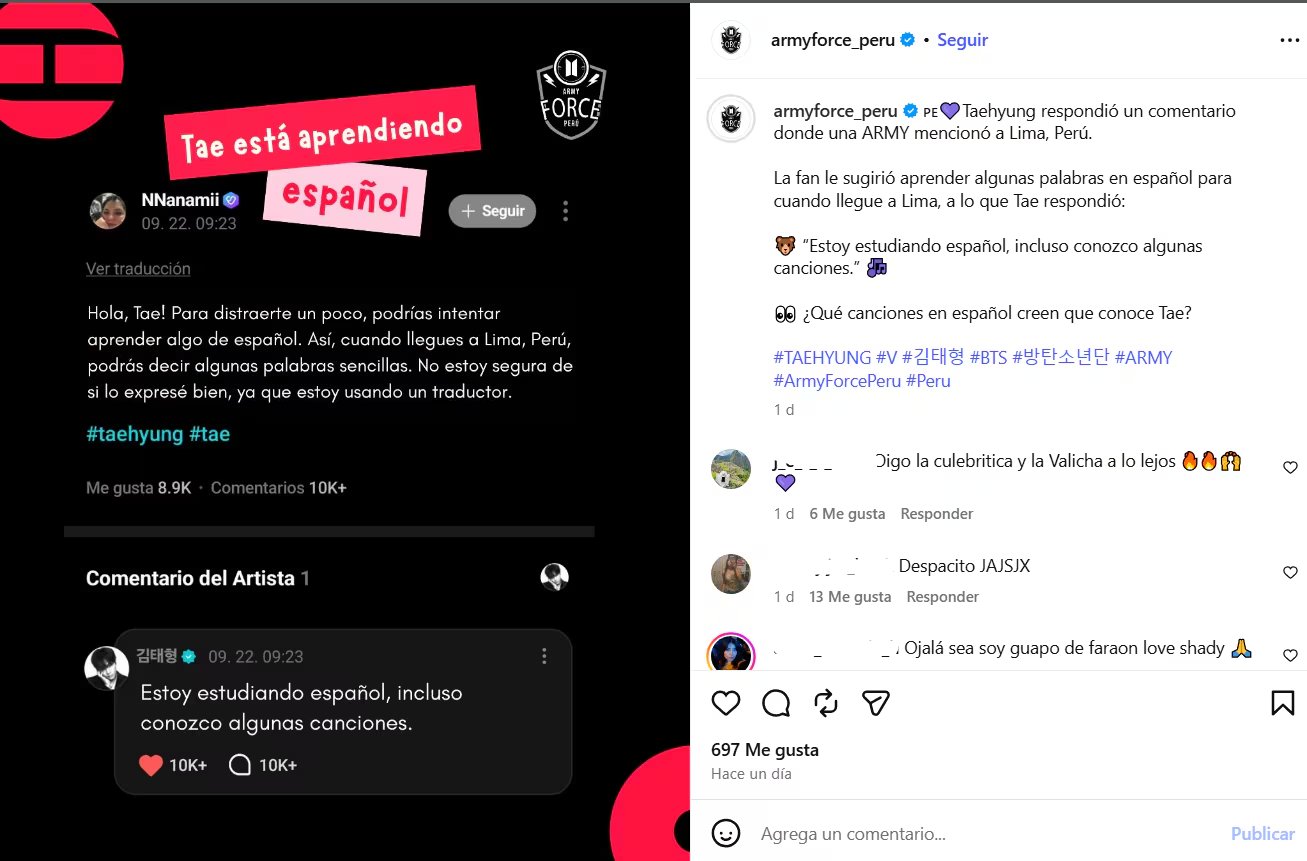 Taehyung de BTS respondió a una fan peruana y reveló que aprende español previo a su llegada a Lima.