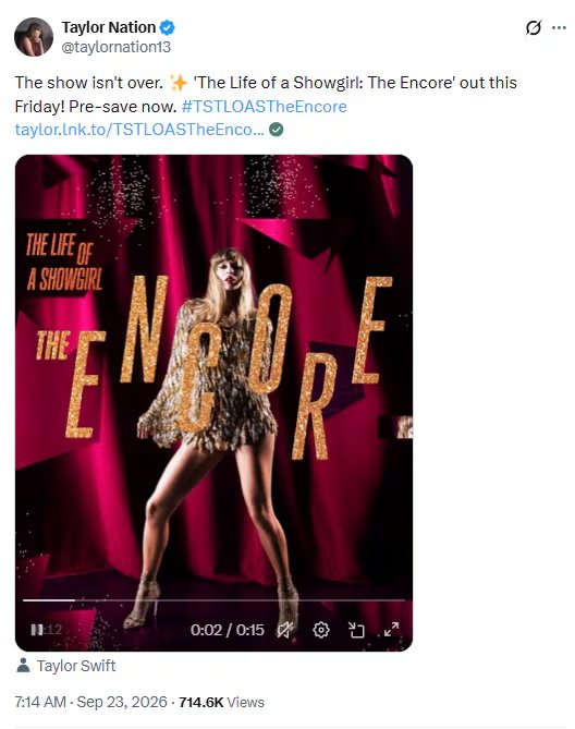 Taylor Swift a través de su cuenta oficial de X. (captura de pantalla)