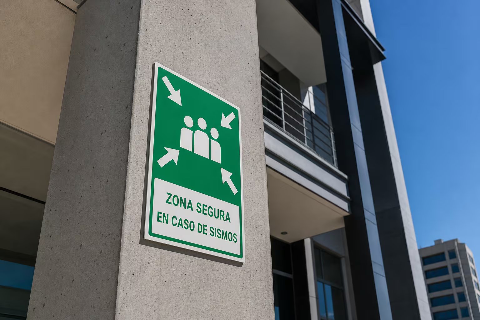 Una señal de zona segura ante sismos instalada en una columna de concreto señala un área de protección dentro de una estructura urbana. (Imagen Ilustrativa Infobae)