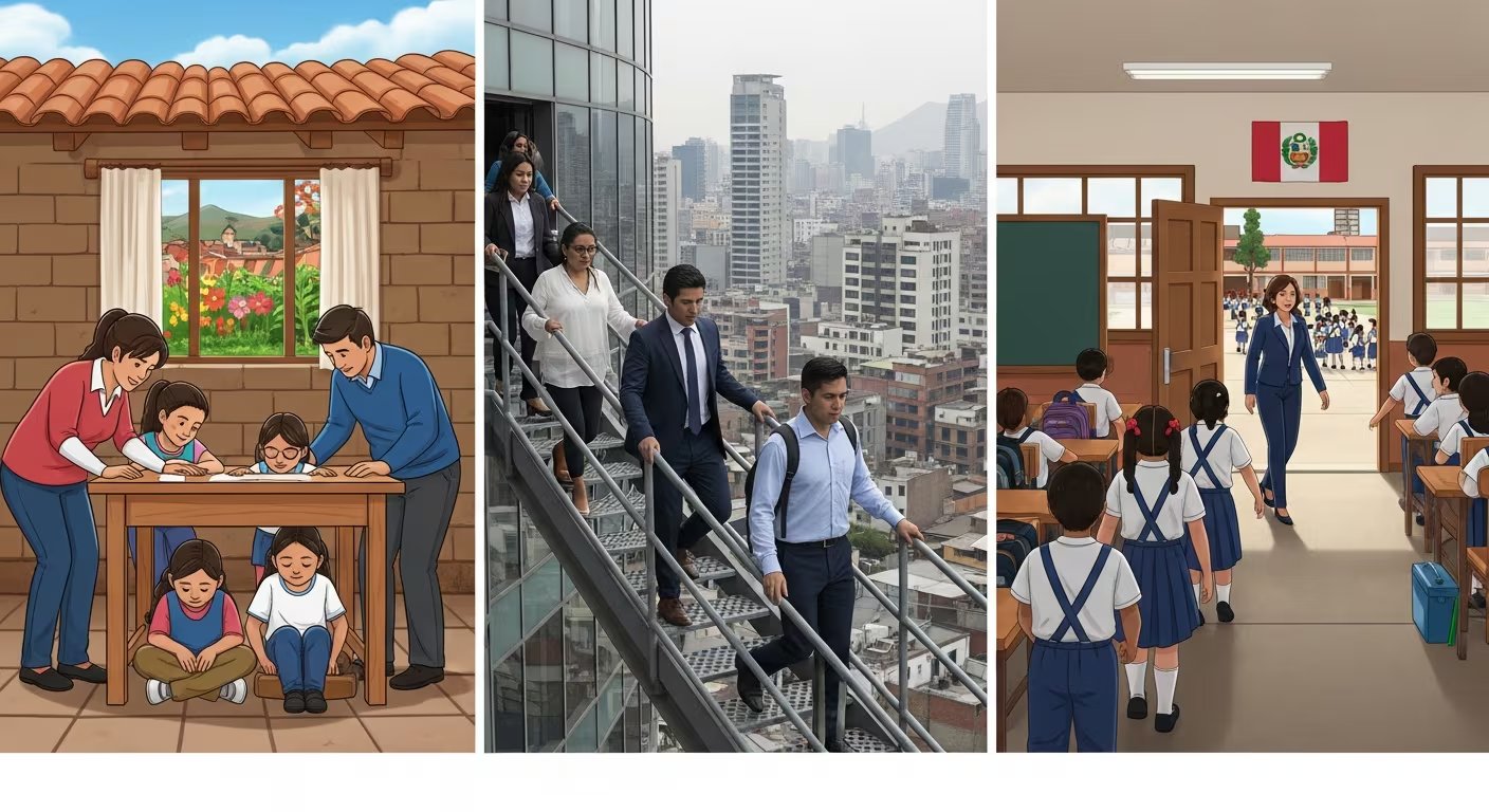 Las ilustraciones muestran diferentes situaciones de evacuación durante el Simulacro Nacional Multipeligro en Perú, cubriendo entornos domésticos, laborales y educativos. (Imagen Ilustrativa Infobae)
