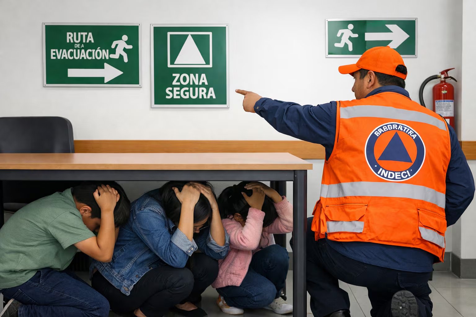Un brigadista de INDECI dirige a personas (incluyendo niños) a tomar resguardo bajo una mesa durante un simulacro sísmico, practicando protocolos de evacuación y seguridad en un entorno de oficina o aula en Perú. (Imagen Ilustrativa Infobae)