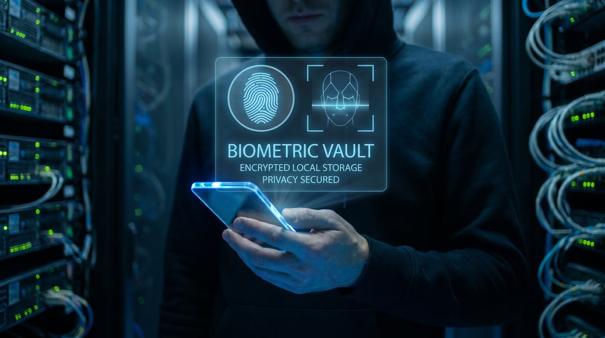 Una persona utiliza un smartphone futurista que proyecta una interfaz holográfica para gestionar una bóveda biométrica, ilustrando la seguridad y privacidad digital con autenticación por huella y reconocimiento facial en un entorno de ciberseguridad. (Imagen Ilustrativa Infobae)