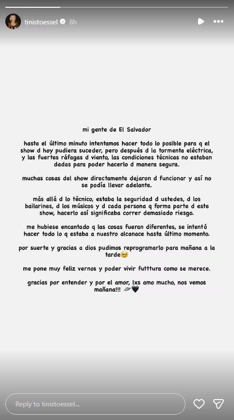 El comunicado de la artista sobre la reprogramación de su show en El Salvador (Instagram)
