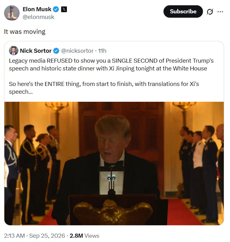 Musk dijo que los discursos de los líderes de Estados Unidos y China fueron conmovedores. (X: elonmusk)
