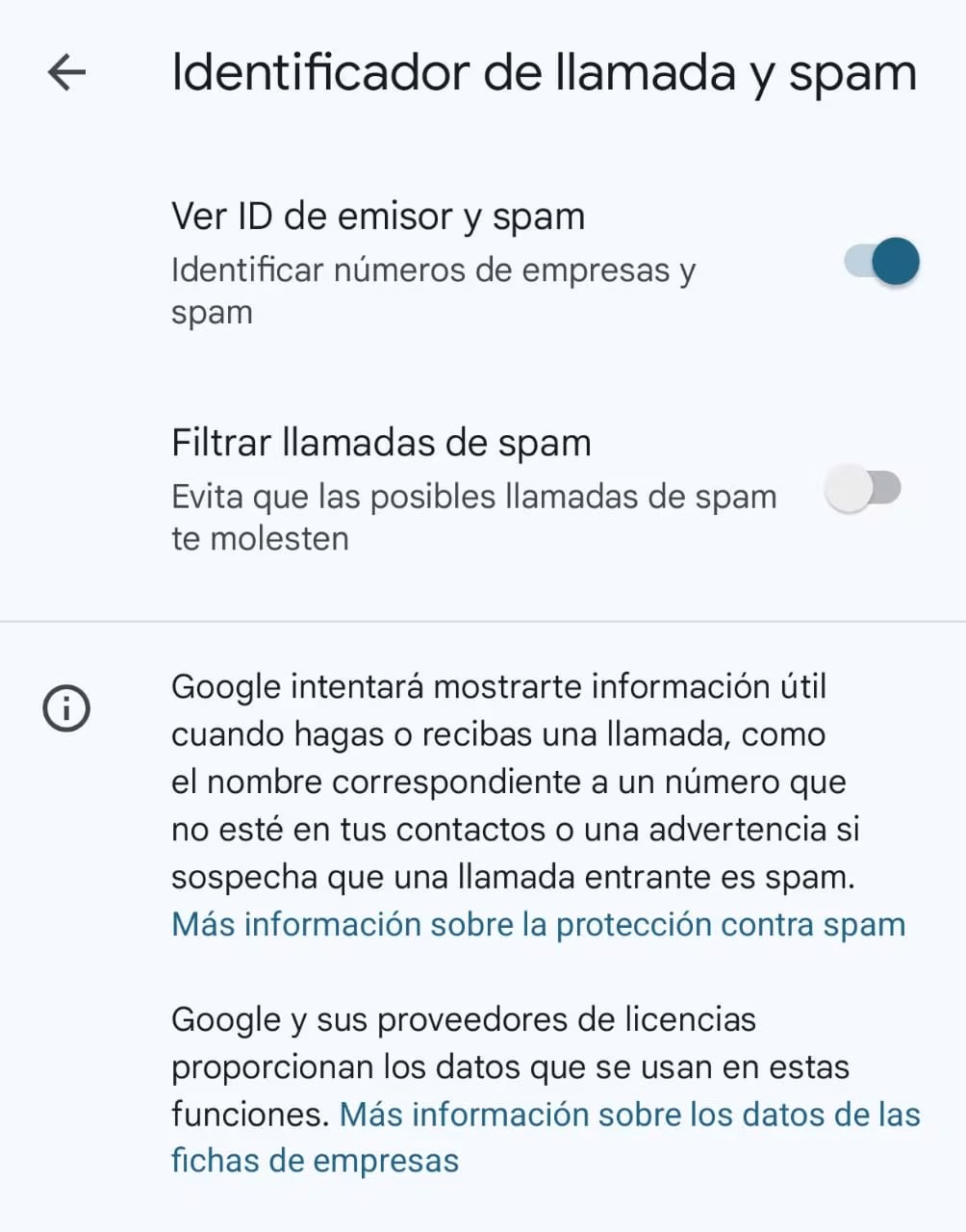 En el apartado Identificador de llamada y spam aparecen dos opciones: Ver ID de emisor y spam, y Filtrar llamadas de spam. (Foto: Infobae)