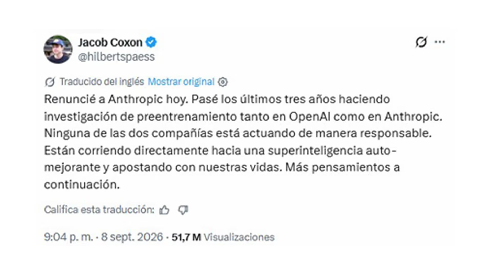 Jacob Coxon informa sobre su renuncia a Anthropic y señala una falta de responsabilidad en el desarrollo de superinteligencia tanto en esa empresa como en OpenAI.