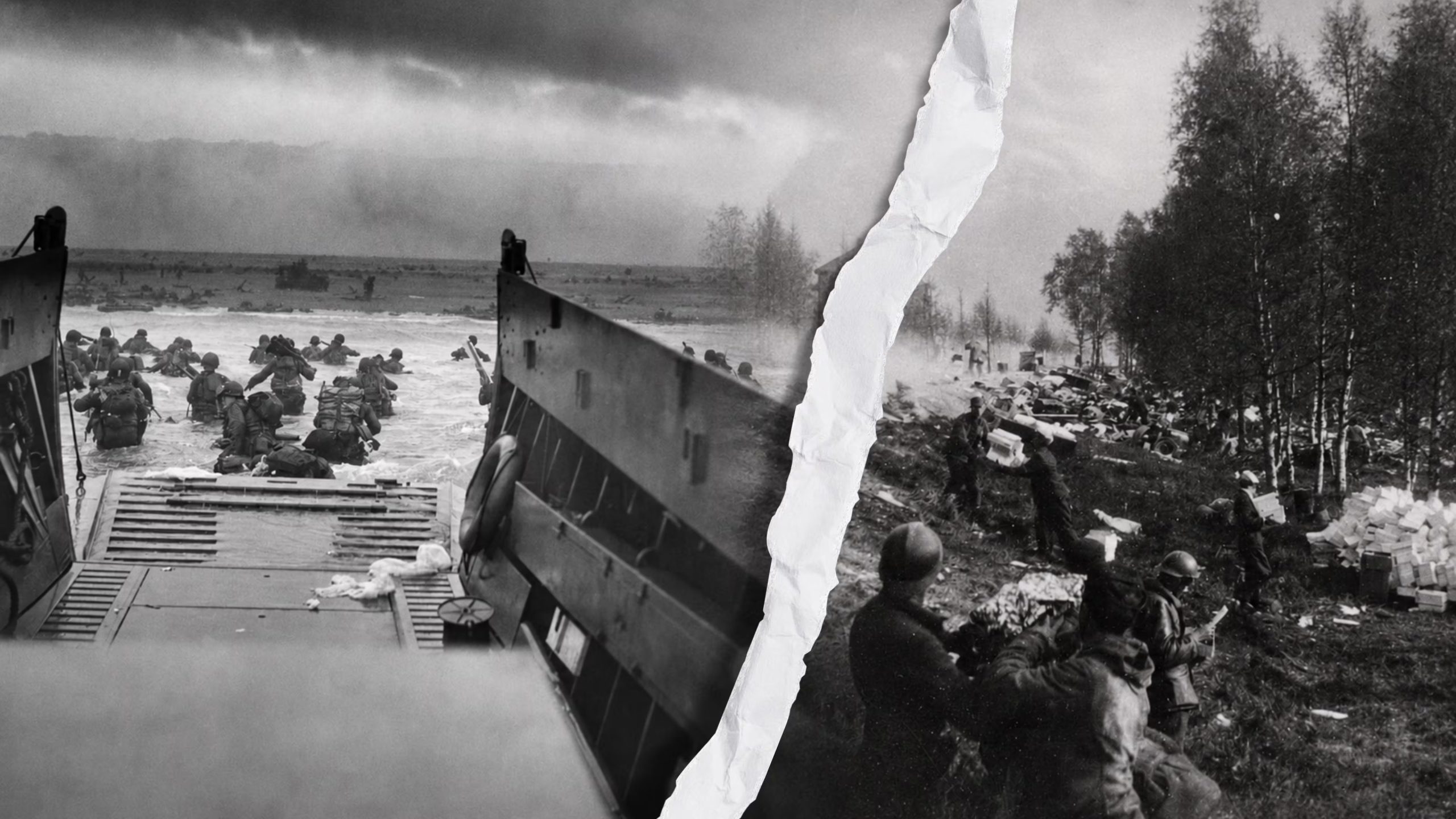 Una composición fotográfica en blanco y negro ilustra dos momentos de la Segunda Guerra Mundial: el Desembarco de Normandía con tropas en la playa y una operación en los fiordos noruegos con soldados en un terreno boscoso. (Robert F. Sargent / Wikipedia)