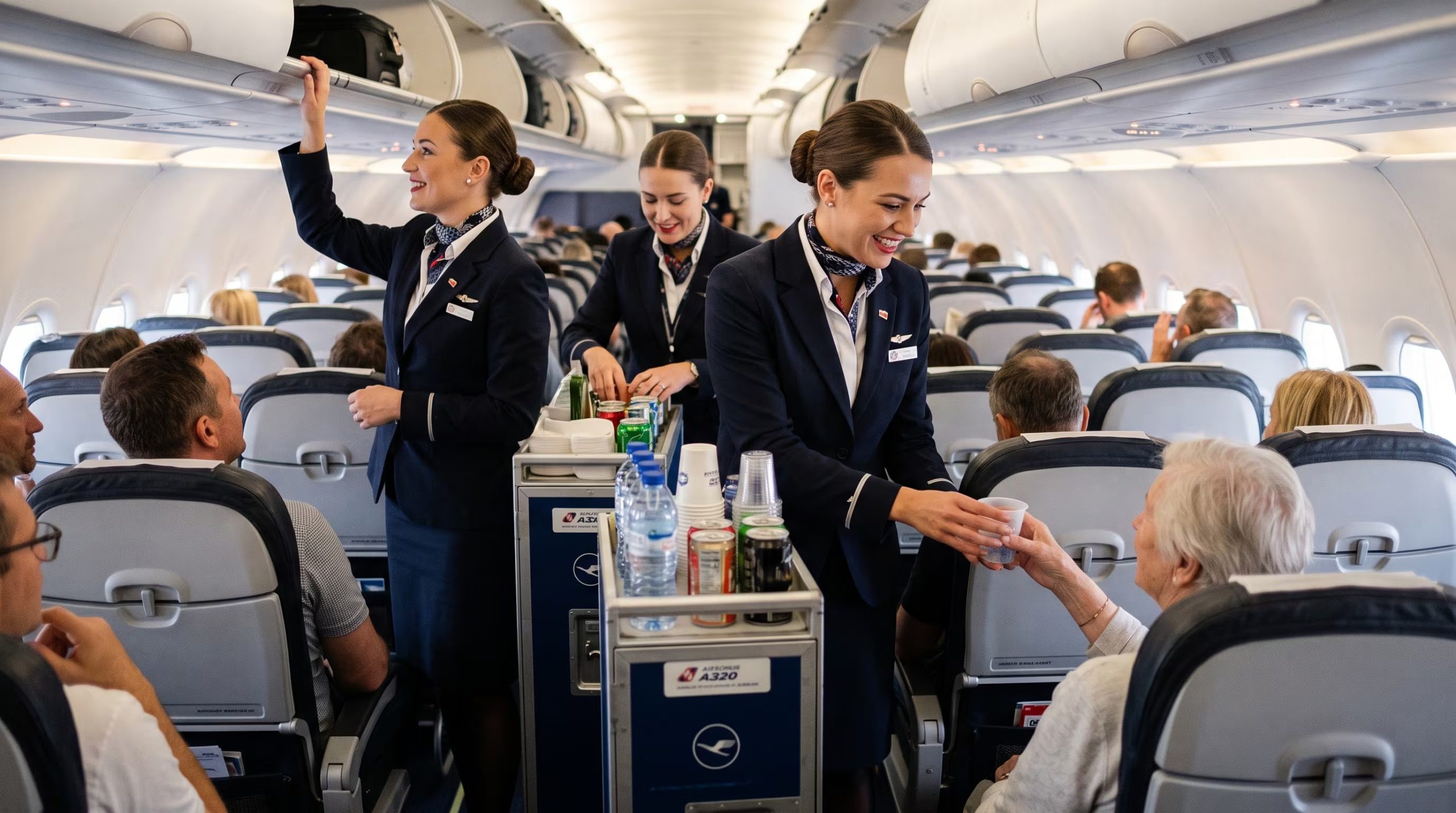 Varias tripulantes de cabina ofrecen servicio de bebidas a los pasajeros a bordo de un avión comercial. (Imagen Ilustrativa Infobae)