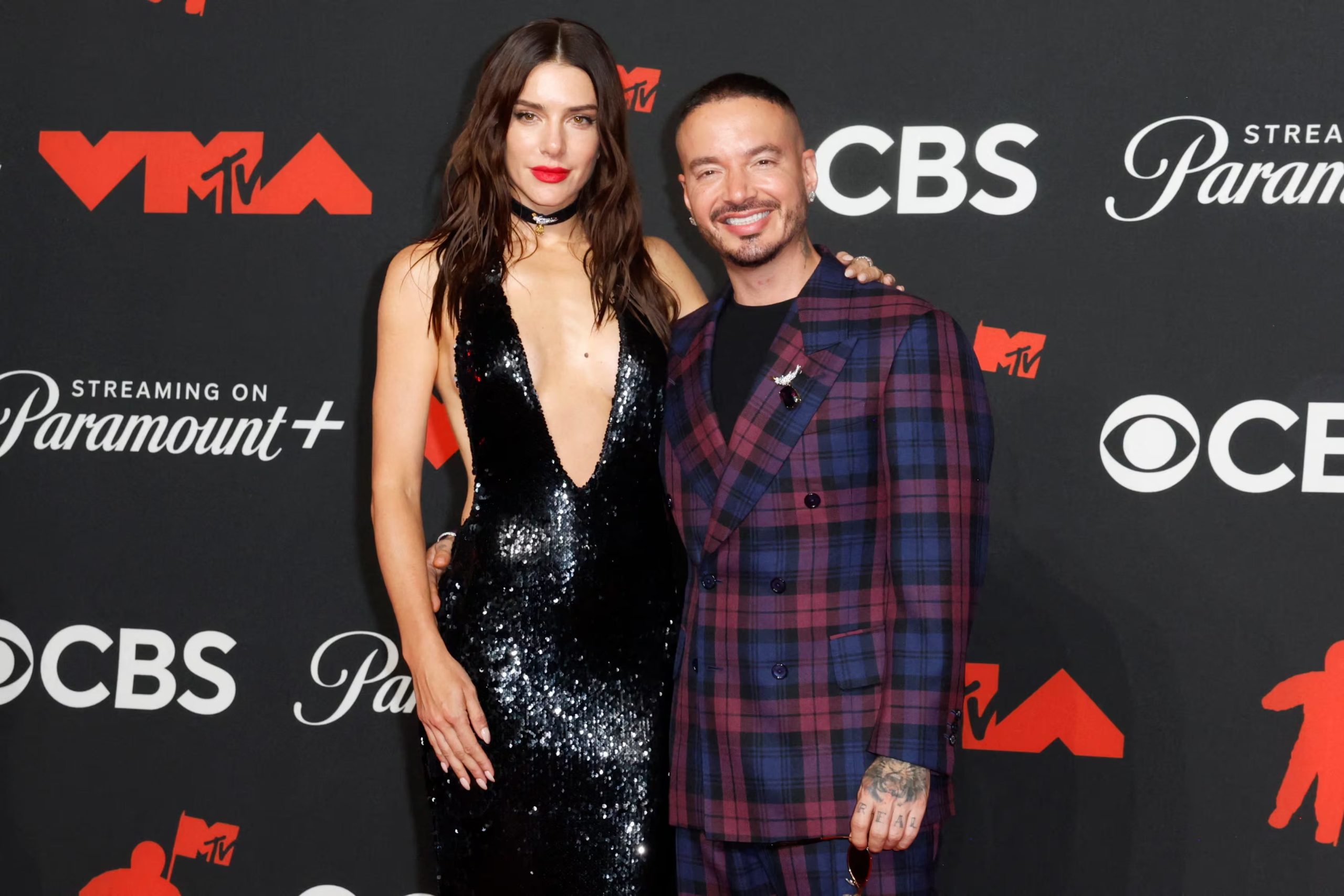 J Balvin and Valentina pose on the red carpet at the 2025 MTV Video Music Awards in Elmont, New York, U.S., September 7, 2025. REUTERS/Kylie Cooper