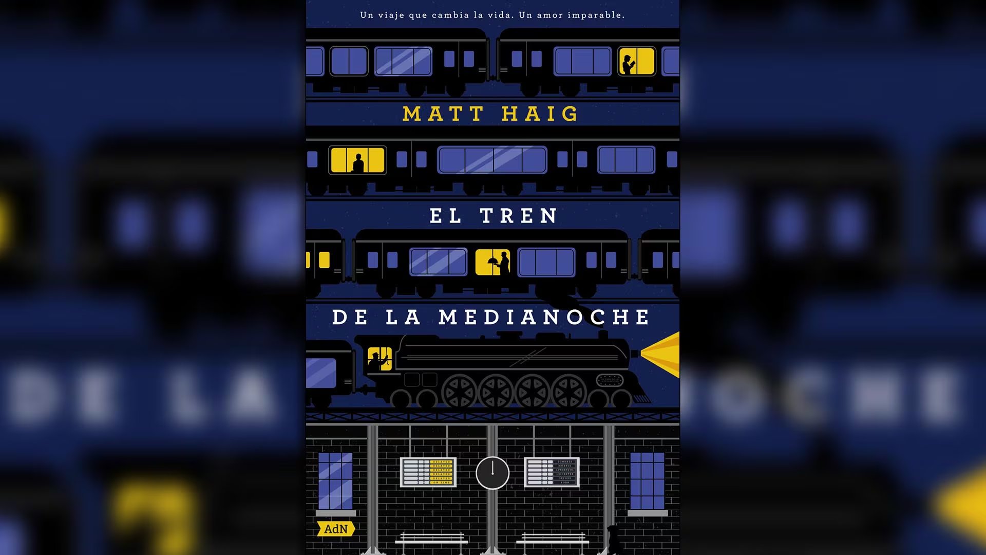 La portada del libro El tren de la medianoche, del escritor Matt Haig, presenta una ilustración con varios vagones de tren nocturno y una estación.