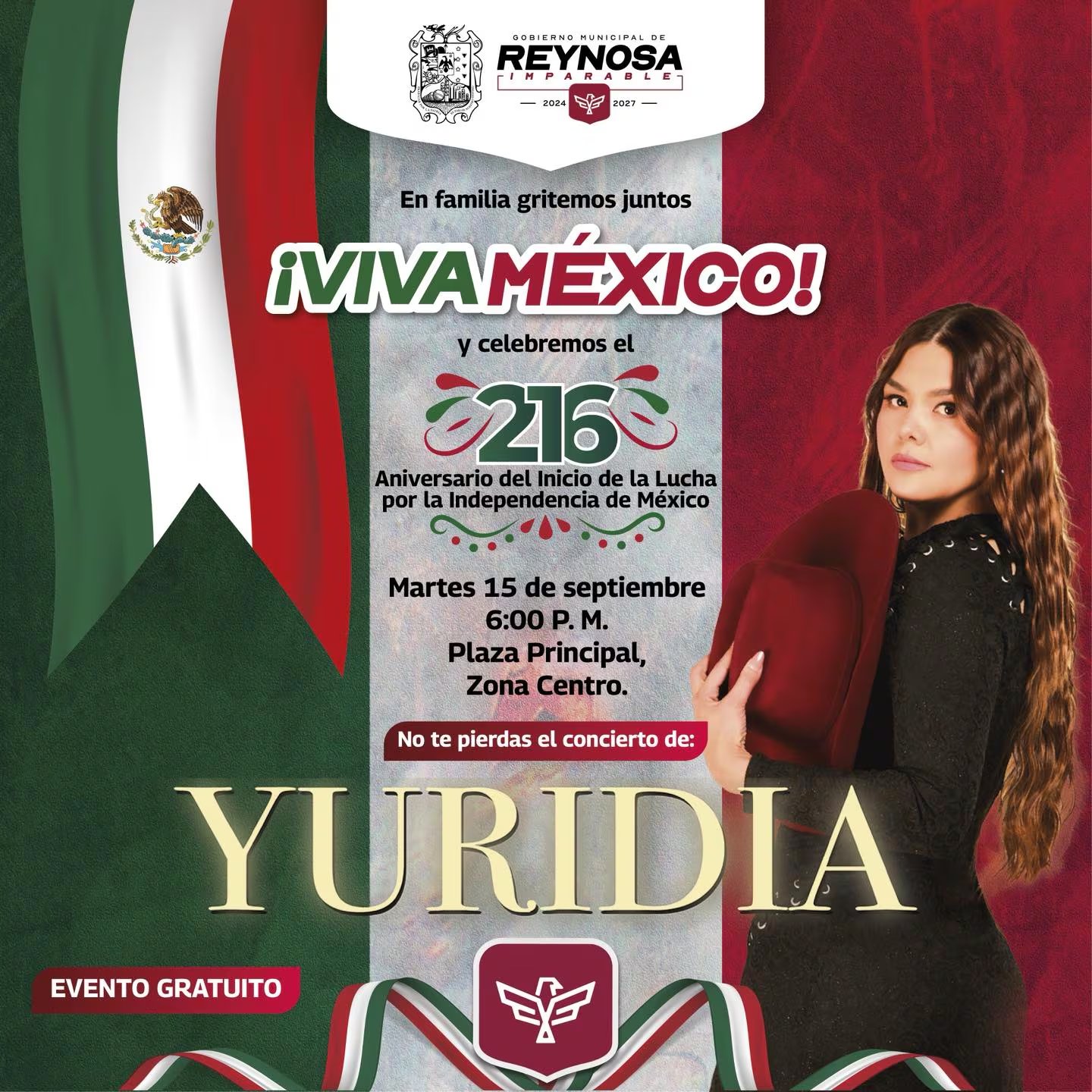 El Gobierno Municipal de Reynosa anuncia un concierto gratuito de la cantante Yuridia en la Plaza Principal para conmemorar la Independencia de México. (Carlos Víctor Peña Ortiz)