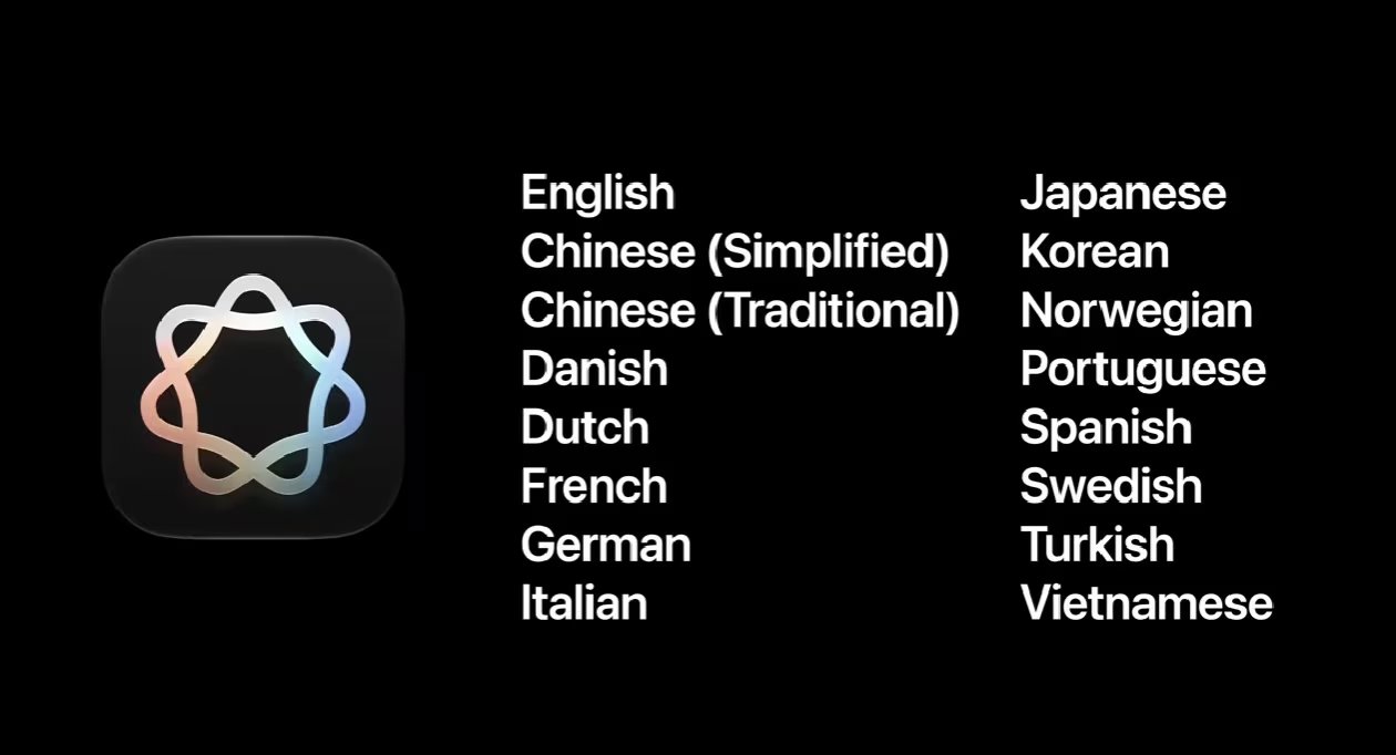 La imagen expone la lista oficial de los 15 idiomas que integran el ecosistema de Apple Intelligence, destacando el icono luminoso del motor de IA a la izquierda. 

(Captura Apple Event)