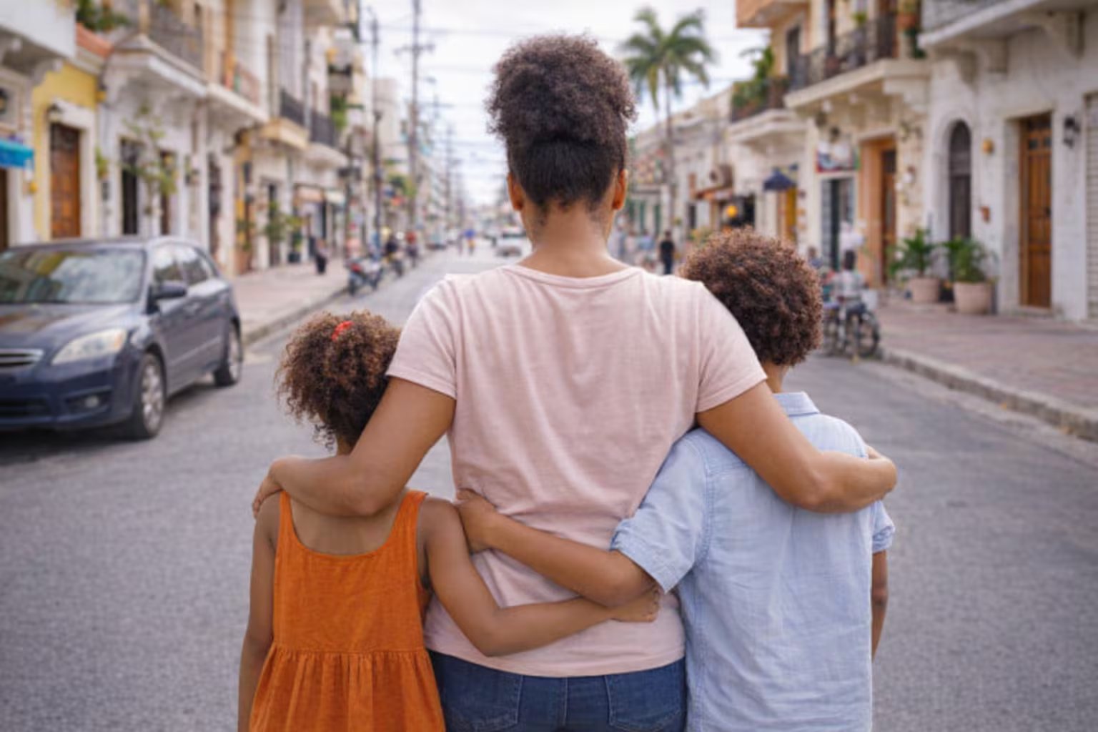 Una mujer con dos niños camina abrazada por una calle histórica de la República Dominicana, flanqueada por edificios coloniales y un auto estacionado. (Imagen Ilustrativa Infobae)