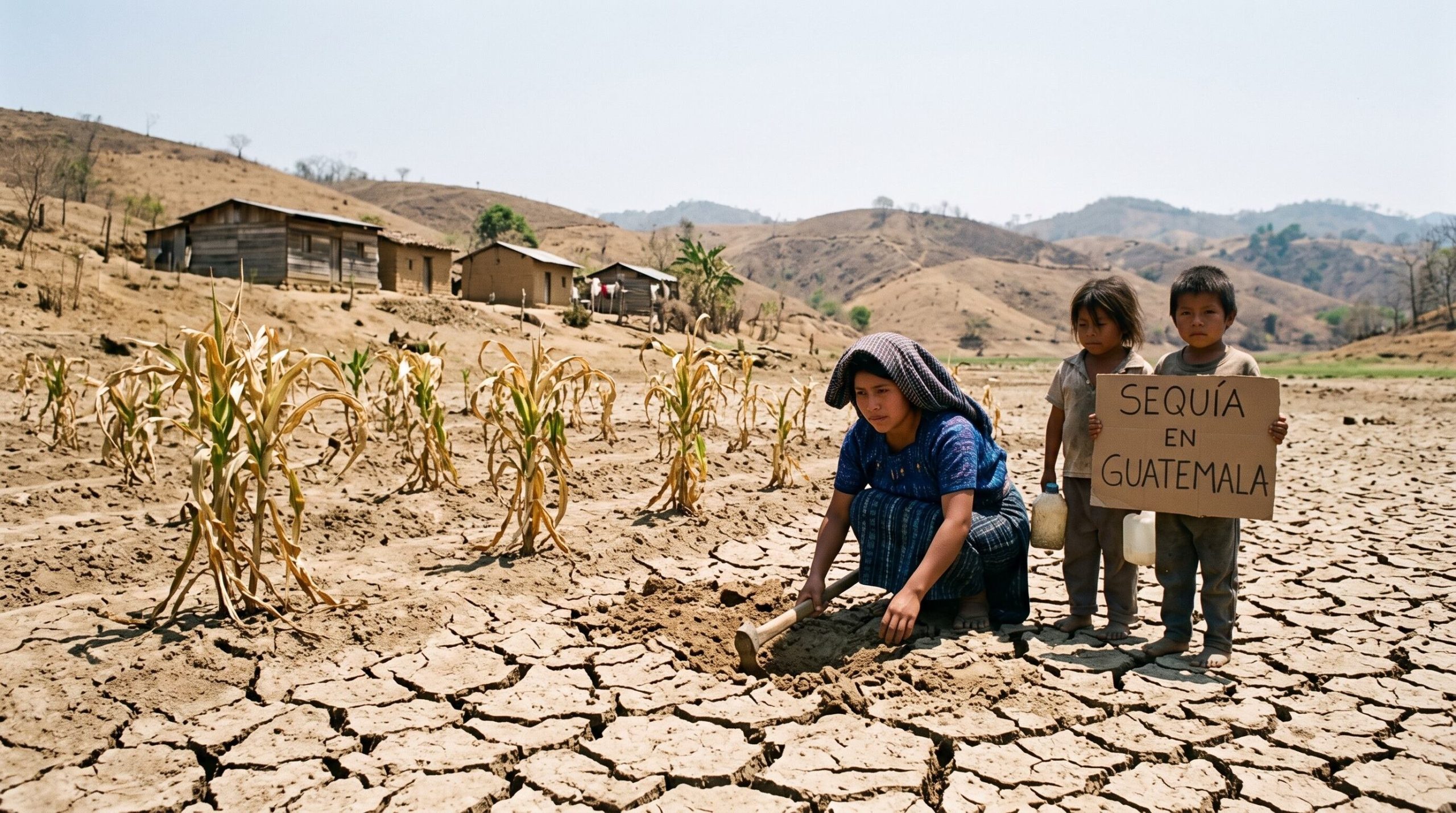 Una mujer trabaja la tierra agrietada junto a dos niños en el campo guatemalteco, donde el fenómeno de El Niño reduce las lluvias e incrementa la inseguridad alimentaria. (Imagen Ilustrativa Infobae)