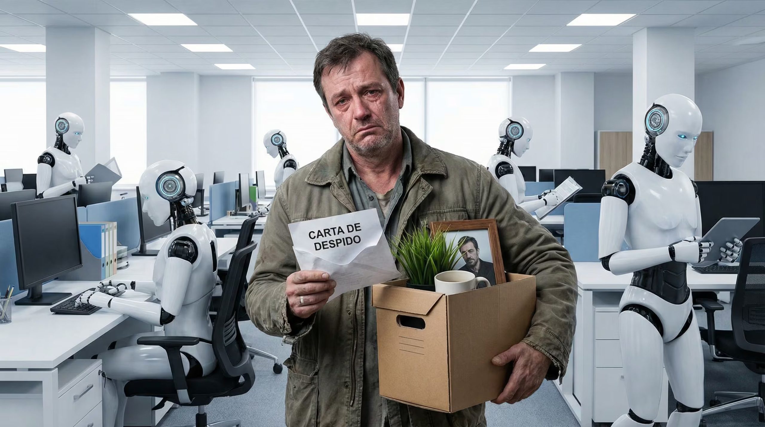 Un hombre con expresión triste sostiene una carta de renuncia y una caja con objetos personales, rodeado de robots humanoides que realizan tareas de oficina, simbolizando el impacto de la automatización en el empleo. (Imagen Ilustrativa Infobae)