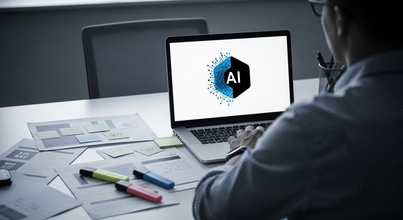 Un trabajador genérico se enfoca en su laptop en una oficina moderna, interactuando con una herramienta de inteligencia artificial en la pantalla, rodeado de documentos con anotaciones. (Imagen Ilustrativa Infobae)