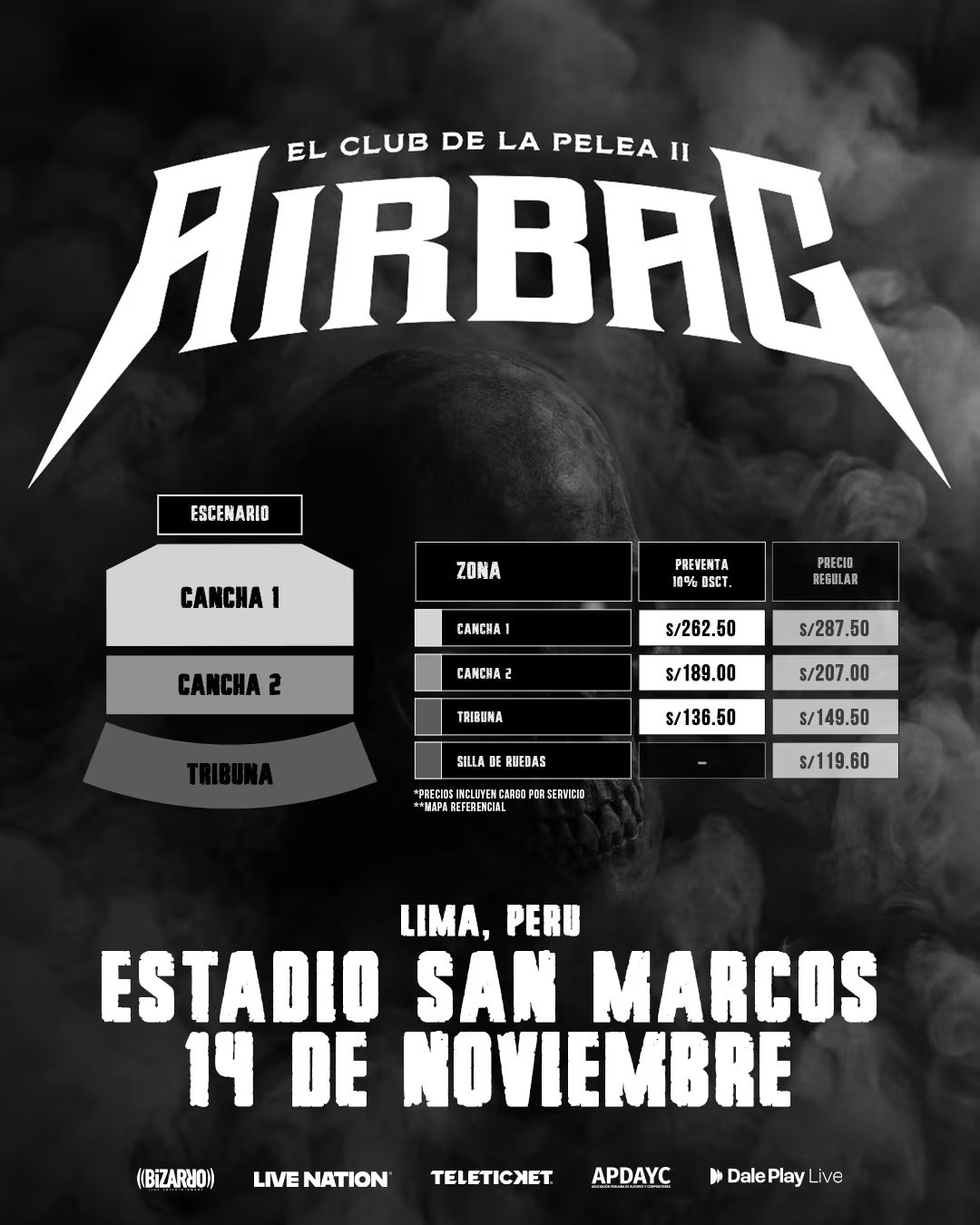 Una infografía detalla los precios y zonas de las entradas para el concierto de Airbag 'El Club de la Pelea II' en el Estadio San Marcos de Lima, Perú, el 14 de noviembre.