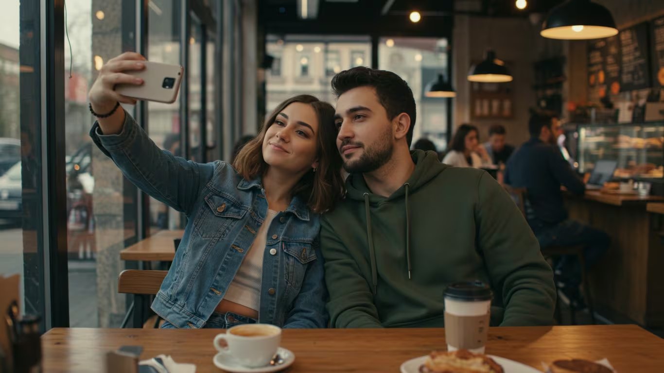 pareja, novios, amor, selfie, café, merienda, bar, hombre, mujer, celular - (imágen Ilustrativa Infobae)