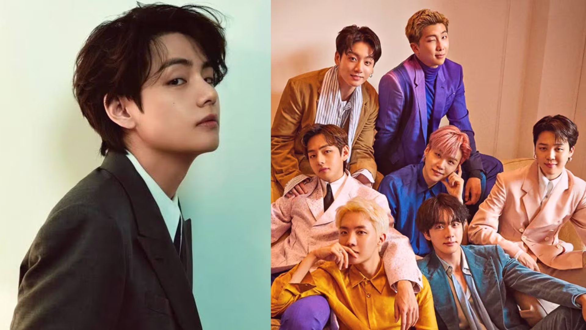 El cantante Kim Taehyung, conocido como V, figura en un retrato individual junto a una imagen grupal de los integrantes de la banda de K-pop BTS.